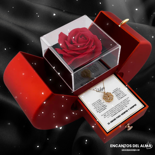 Collar Trébol de 4 Hojas Suerte & Caja con Rosa eterna